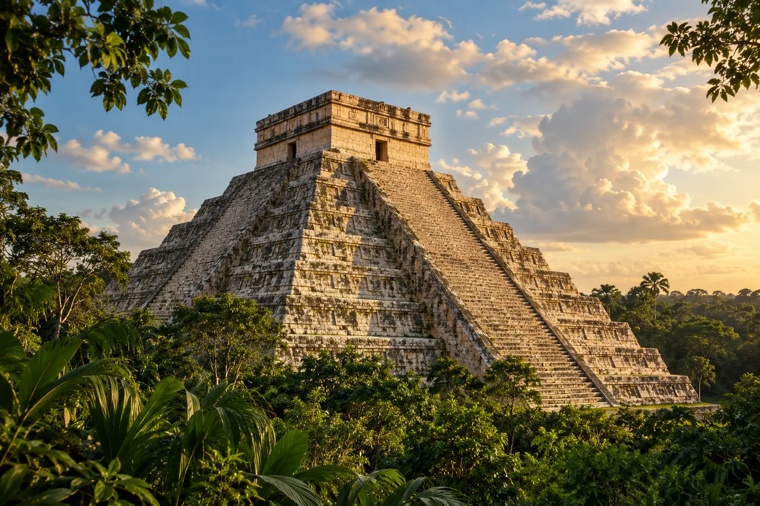 Stone pyramid surrounded by jungle
